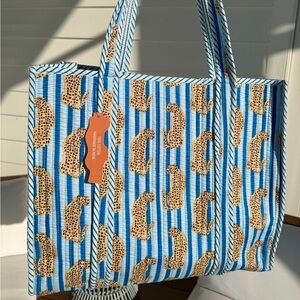 Blue Striped Jaguar Print Reversible Quilted Tote Bag